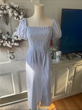 J. Crew Light Blue Striped Smocked Puff-Sleeve Midi Dress